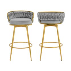 Modern Swivel Counter Height Bar Stools (Set of 2) With Hand Woven Backrest, Metal Legs, Upholstered Kitchen Chairs - Gray