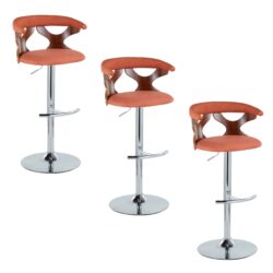 Gardenia - Mid-Century Modern Adjustable Barstool With Swivel With Rounded T Footrest (Set of 3) - Chrome / Walnut / Orange