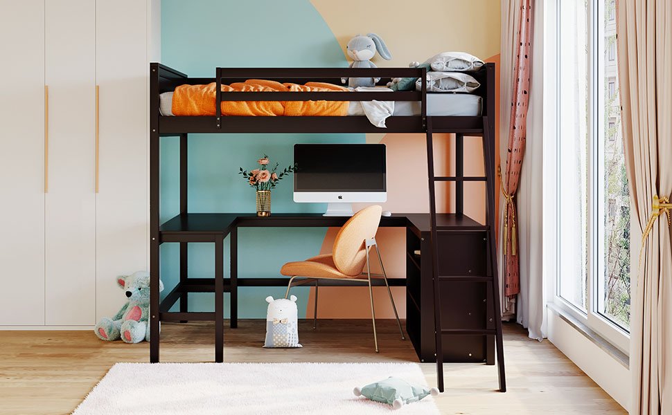 Full Size Loft Bed With Shelves With Desk - Espresso - Image 22