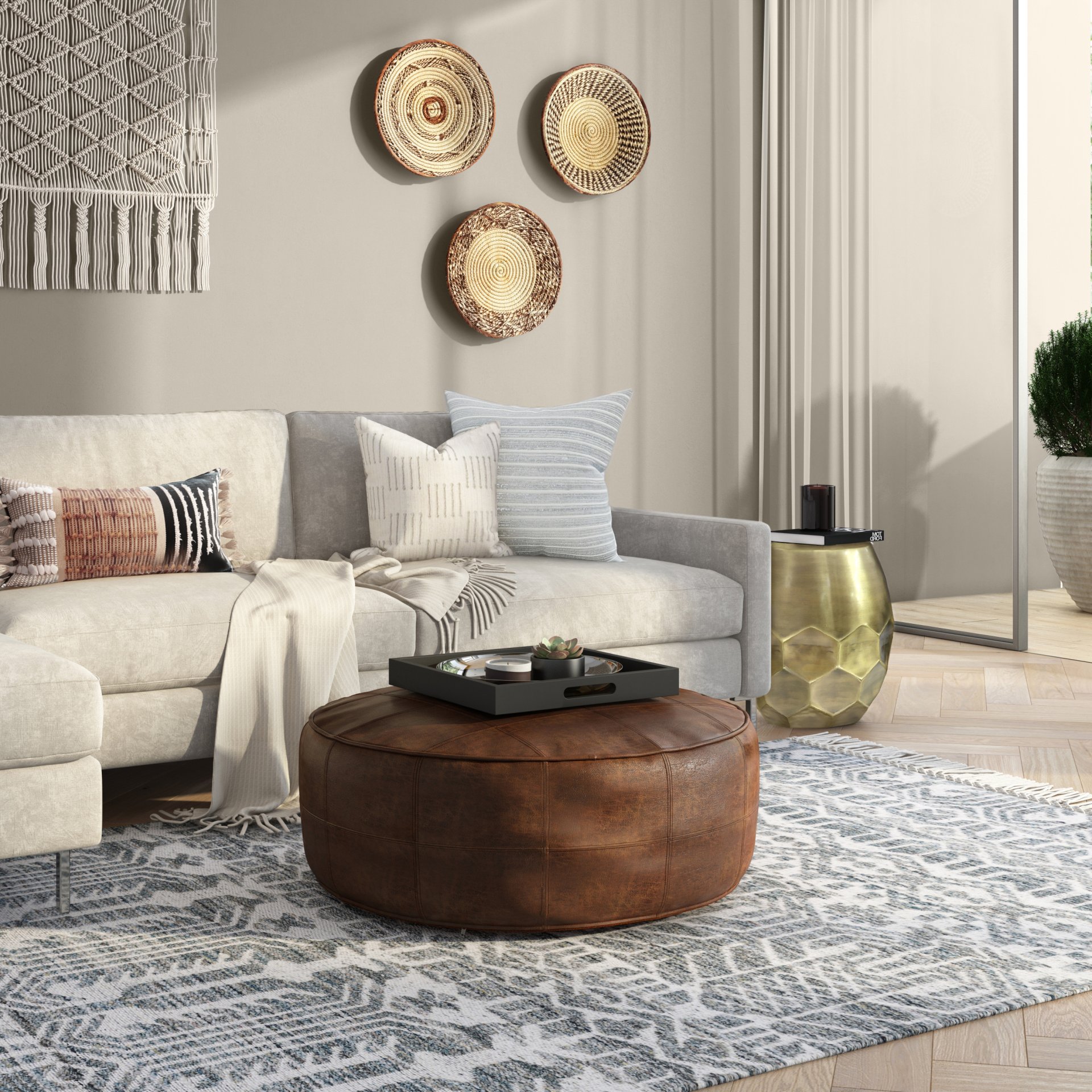 Connor - Round Coffee Table Pouf - Distressed Brown - Image 8