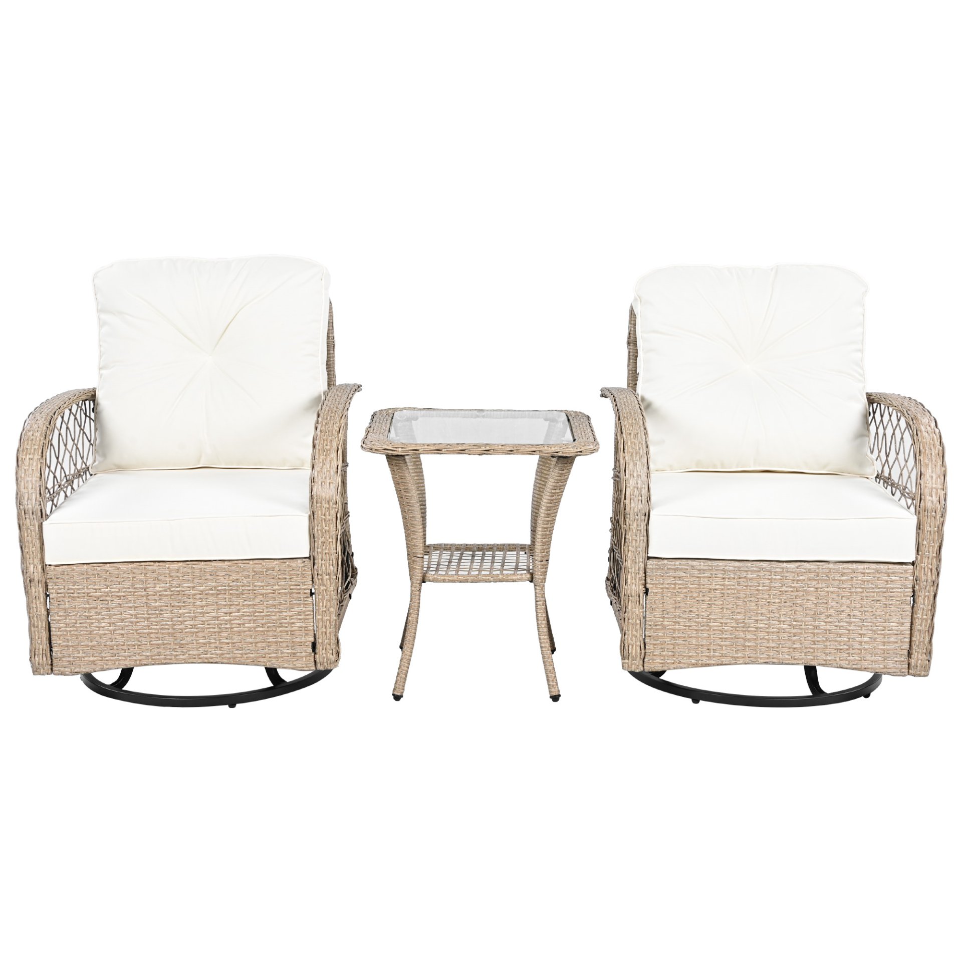 3 Piece Outdoor Chair & Table Set Chat Set 2 Person Rattan Seating Group With 2 Swiveling And Rocking Chairs And A Square Table For Garden, Patio, Or Balcony - Natural - Image 10