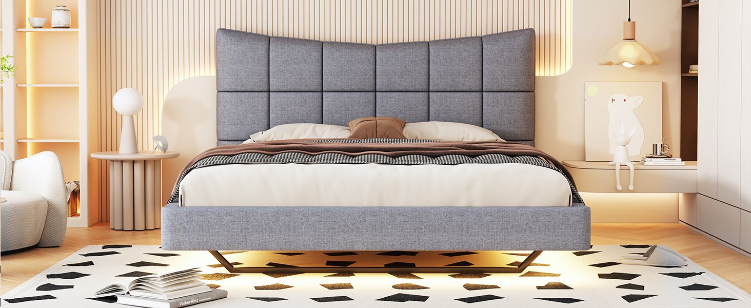 Full Size Upholstered Platform Bed With LED Lights, USB Ports And Outlets - Gray - Image 18