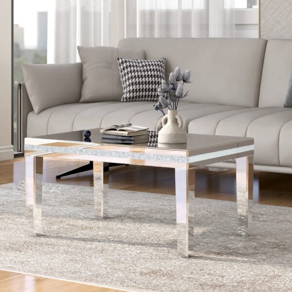 Fashionable Modern Glass Mirrored Coffee Table Cocktail Table With Crystal Design And Adjustable Height Legs - Silver