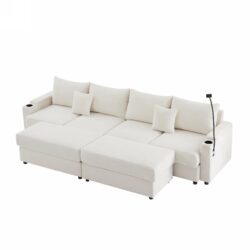 Modern Style 4 Seater Sofa Sectional Sofa Couch With Storage Space, Two Movable Ottomans, Two USB Ports, Two Cup Holders, A Phone Holder For Living Room - Beige