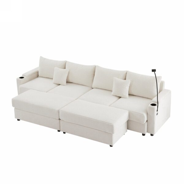 Modern Style 4 Seater Sofa Sectional Sofa Couch With Storage Space, Two Movable Ottomans, Two USB Ports, Two Cup Holders, A Phone Holder For Living Room - Beige