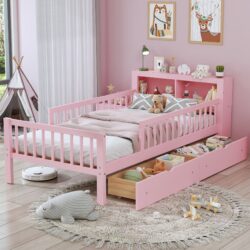 Twin Size Bed With Headboard Storage Rack, 2 Under Bed Drawers, 3 - Side Guardrails For Safety And Security - Pink
