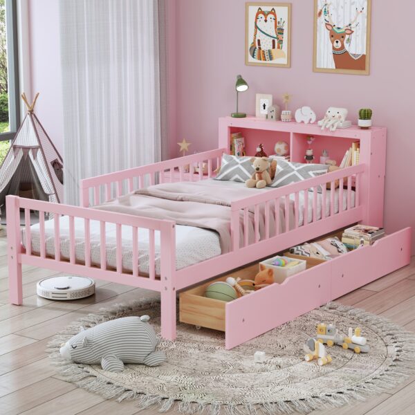 Twin Size Bed With Headboard Storage Rack, 2 Under Bed Drawers, 3 - Side Guardrails For Safety And Security - Pink