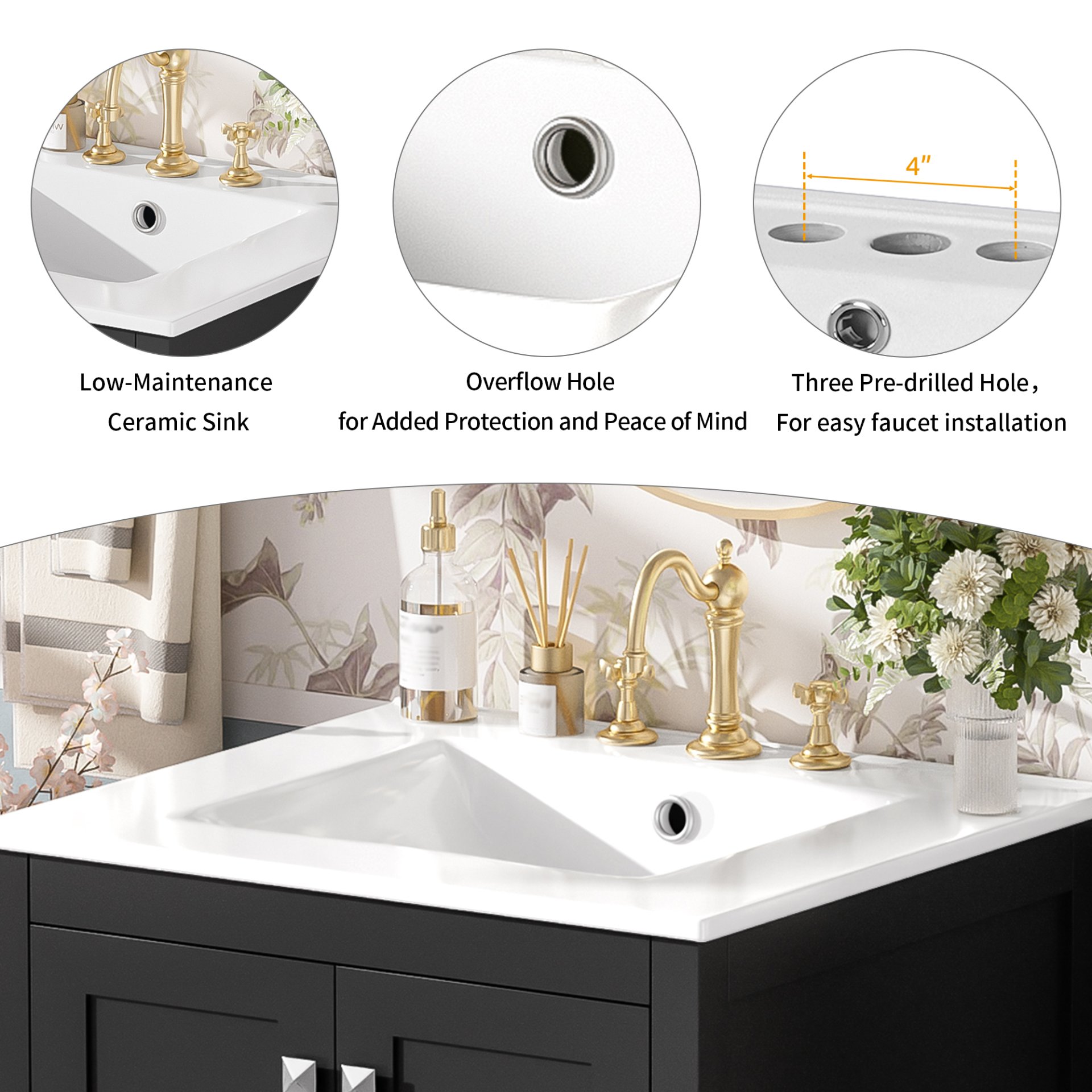 24" Bathroom Vanity With Integrated Undermount Sink, 2 Doors And 1 Drawer, Soft Close Hinges - Black - Image 10
