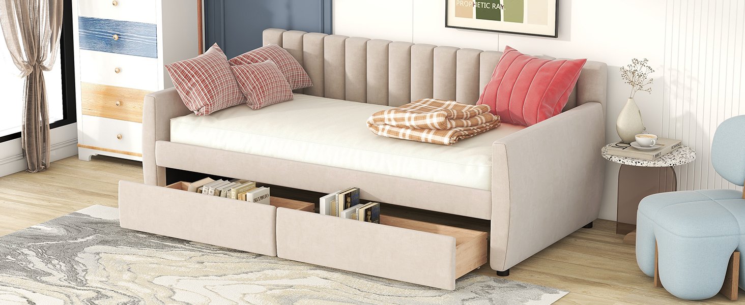 Twin Size Upholstered Daybed & Drawers, Slat Support - Beige - Image 14
