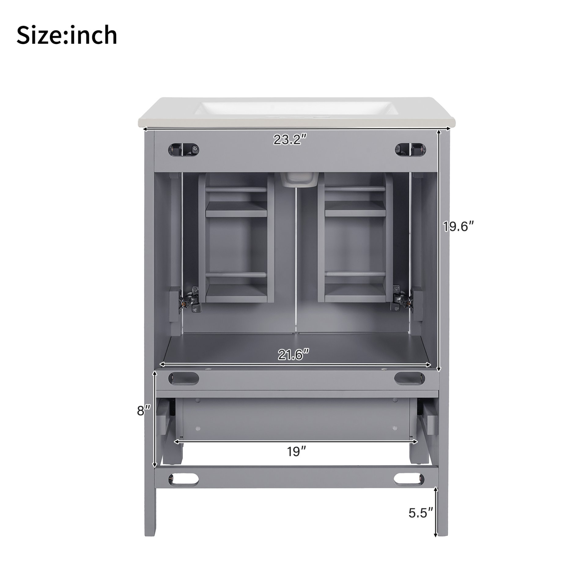 24" Bathroom Vanity With Integrated Undermount Sink, 2 Doors 1 Drawer, Soft Close Hinges, - Gray - Image 11