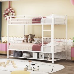 Twin Over Twin Bunk Bed With Shelf And Guardrails - White