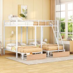 Full Over Twin & Twin Bunk Bed, Triple Bunk Bed With Drawers And Guardrails - White