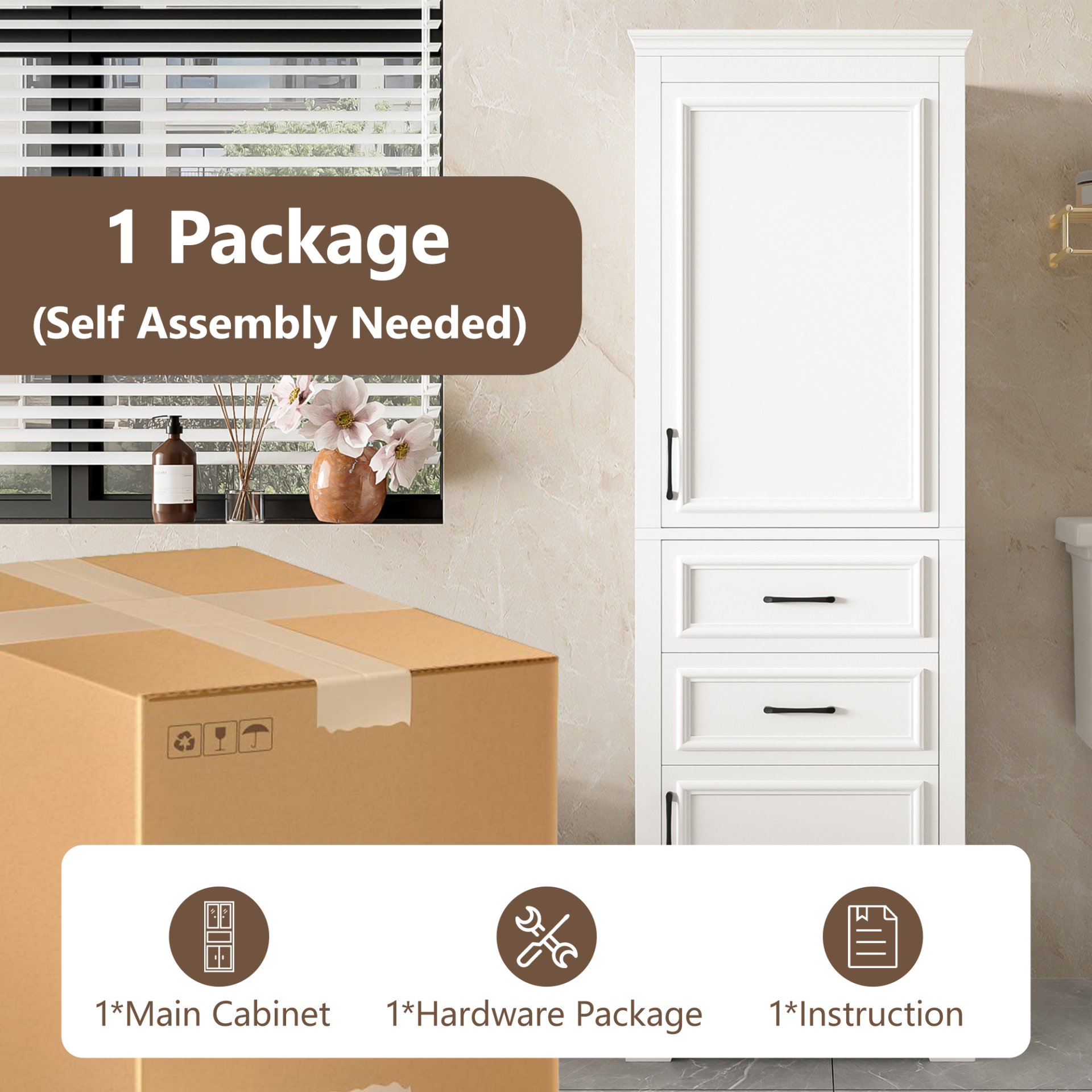 Freestanding Bathroom Vanity Tall With Damping Hinge Doors, Adjustable Shelves - White - Image 10