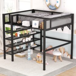Full Size Loft Bed With 4 Tier Shelves And Storage - Black