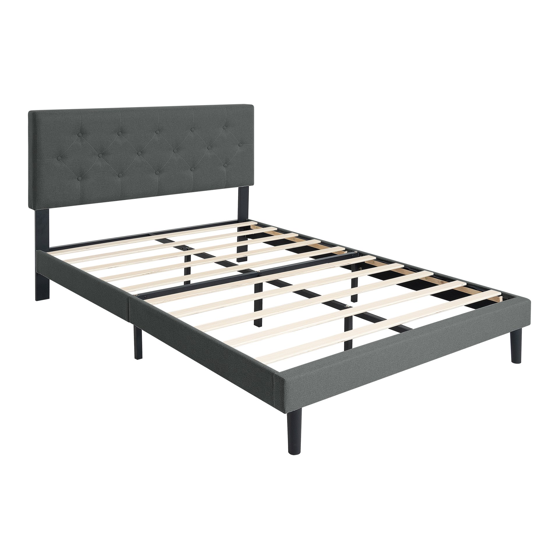 Queen Size Upholstered Platform Bed Frame With Modern Button Tufted Linen Fabric Headboard, Wood Slat Support - Dark Gray - Image 5