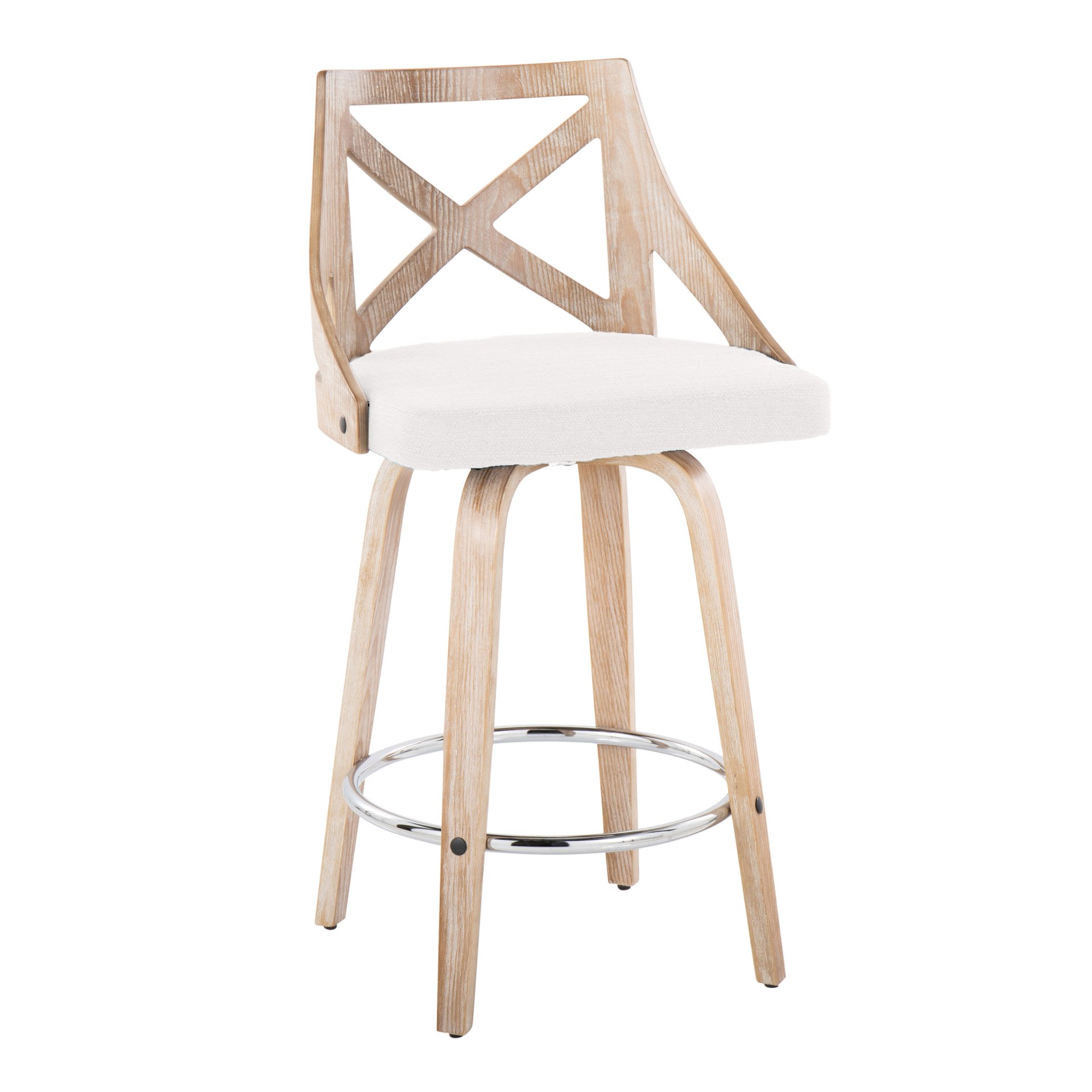 Charlotte - Farmhouse Fixed Height Counter Stool With Swivel Round Chrome Footrest (Set of 2) - White Washed / Cream - Image 2