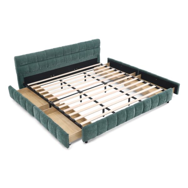 Modern King Size Upholstered Bed With Headboard And Storage Drawer - Blue / Green