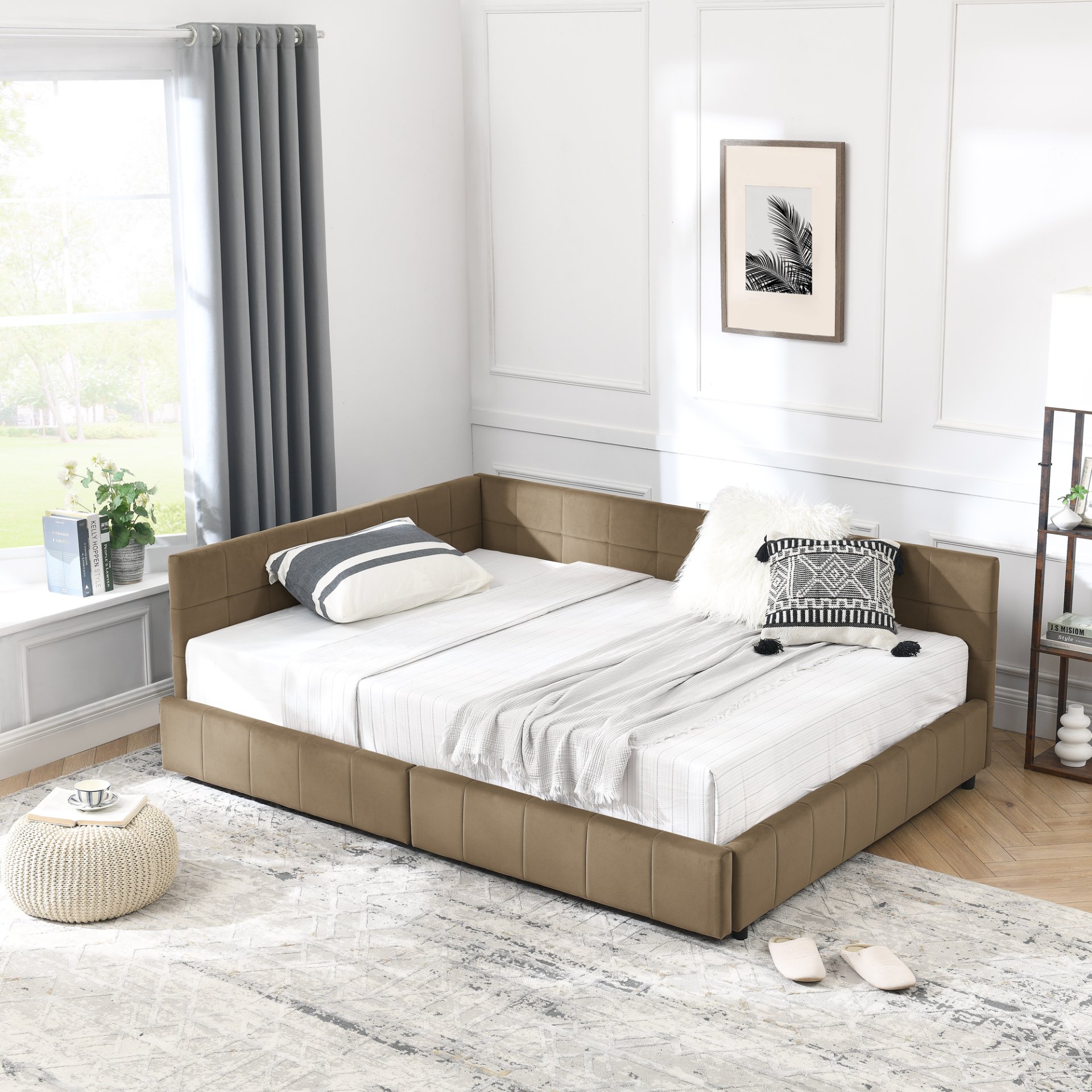 Mid Century Velvet Upholstered Tufted Full Size Storage Bed Frame With Backrest And Armrests - Brown - Image 3