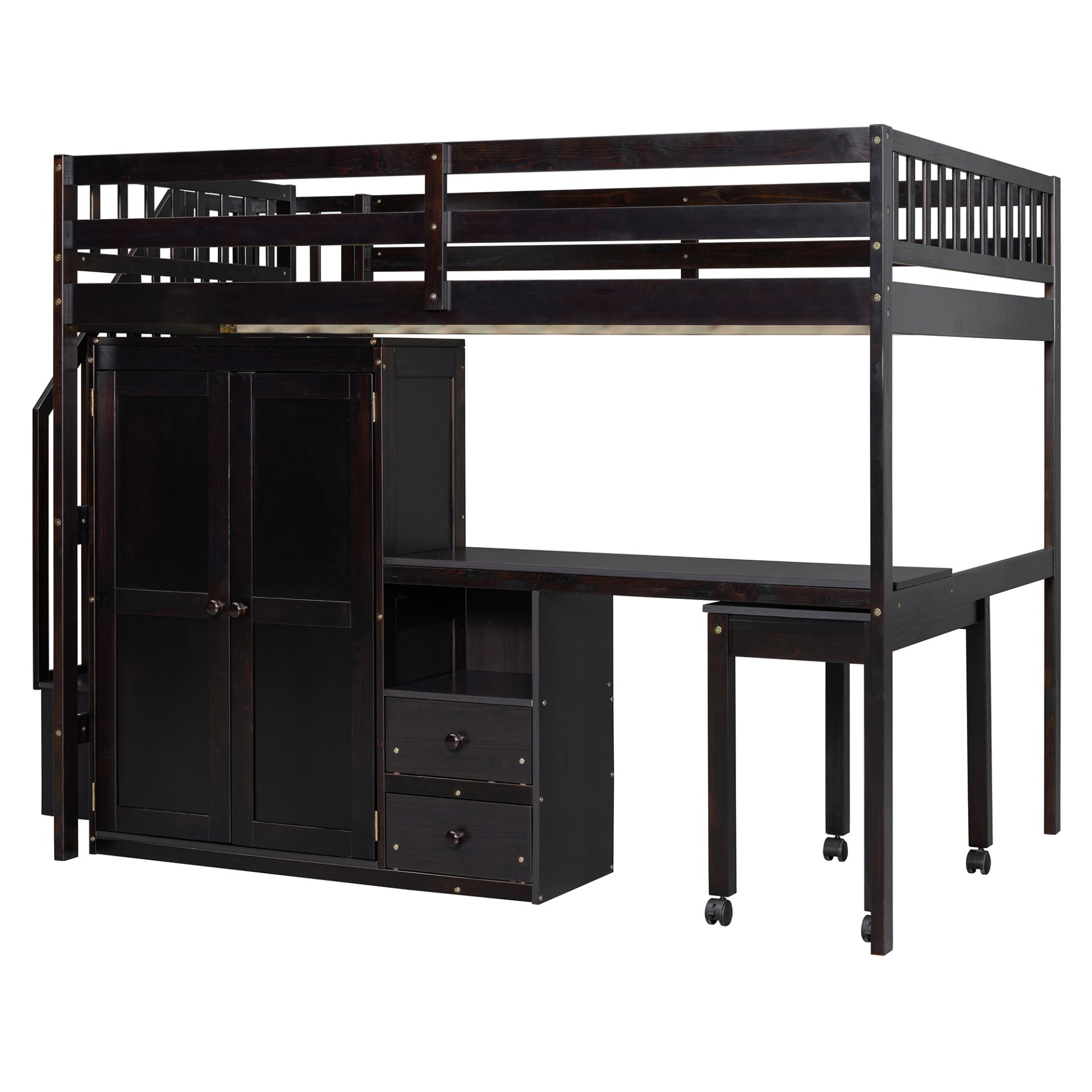 Full Size Loft Bed With Stairs, Bookshelf, Drawers, Desk & Wardrobe, Space Saving Multifunctional Furniture - Espresso - Image 7