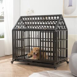 Heavy Duty Dog Cage Pet Crate With Roof & Window On Roof - Black