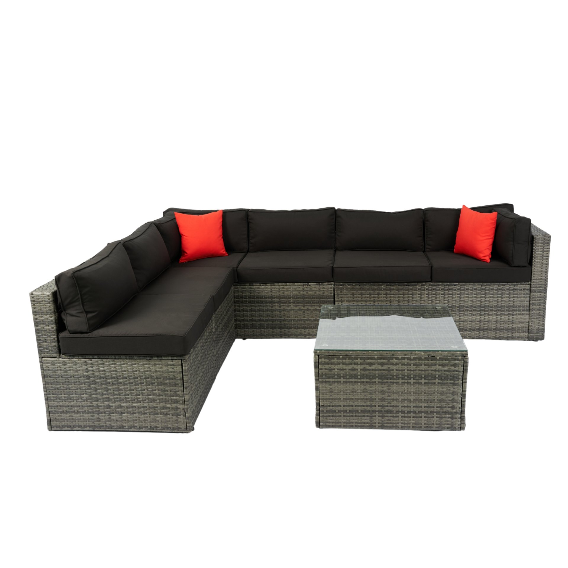 5 Pieces Rattan Sectional Outdoor Furniture Cushioned U Sof Set With 2 Pillow - Gray / Black - Image 15