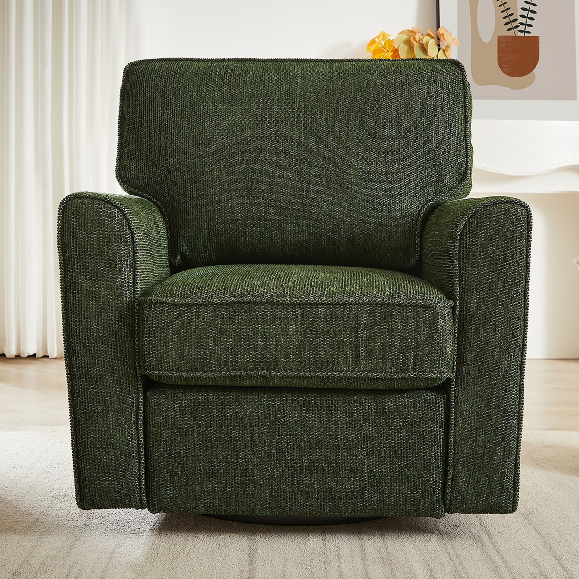 360° Swivel Chair Accent Barrel Armchair With Side Pockets, Chenille Upholstery, Compact Size - Green - Image 9