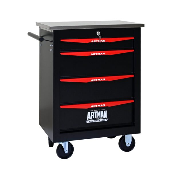 4 Drawer Multifunctional Tool Cart With Wheels, Metal Rolling Tool Cart Storage For Garage Workshop Warehouse Repair Shop With Stainless Steel Roof - Black / Red