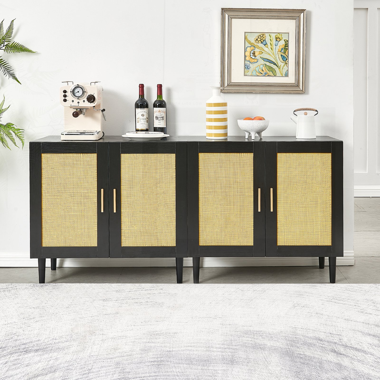 Side Panel Buffet Cabinet With Natural Rattan Door, Rattan Storage Cabinet With Adjustable Shelves, Side Panel And Buffet With Storage Space, Modern Console Cabinet In Bedroom And Living Room - Black / Beige - Image 3