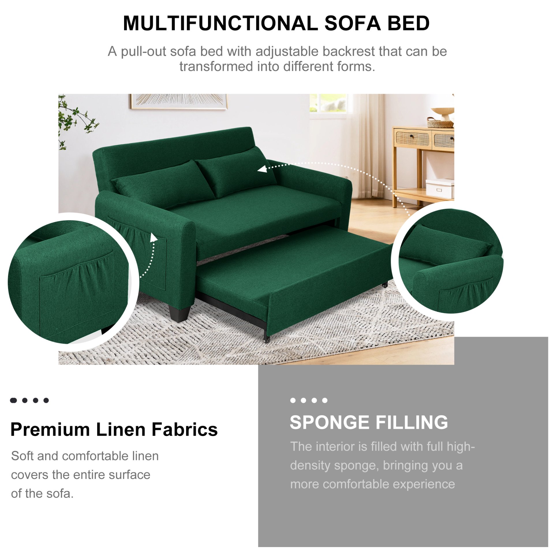 Balus - Extra Large 2 In 1 Sofa Bed With Storage Bag, Adjustable Backrest And Cushions - Green - Image 6