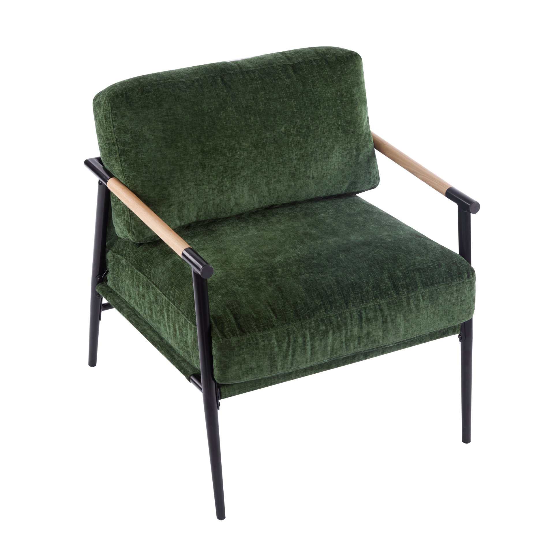 Modern Accent Chair With Plush Cushions, Minimalist Metal Frame, Wooden Armrest Design - Green - Image 5