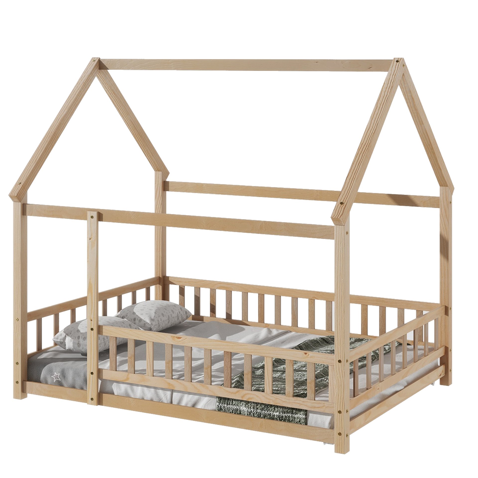 Full Size Floor Wooden Bed With House Roof Frame, Fence Guardrails - Nartural - Image 5