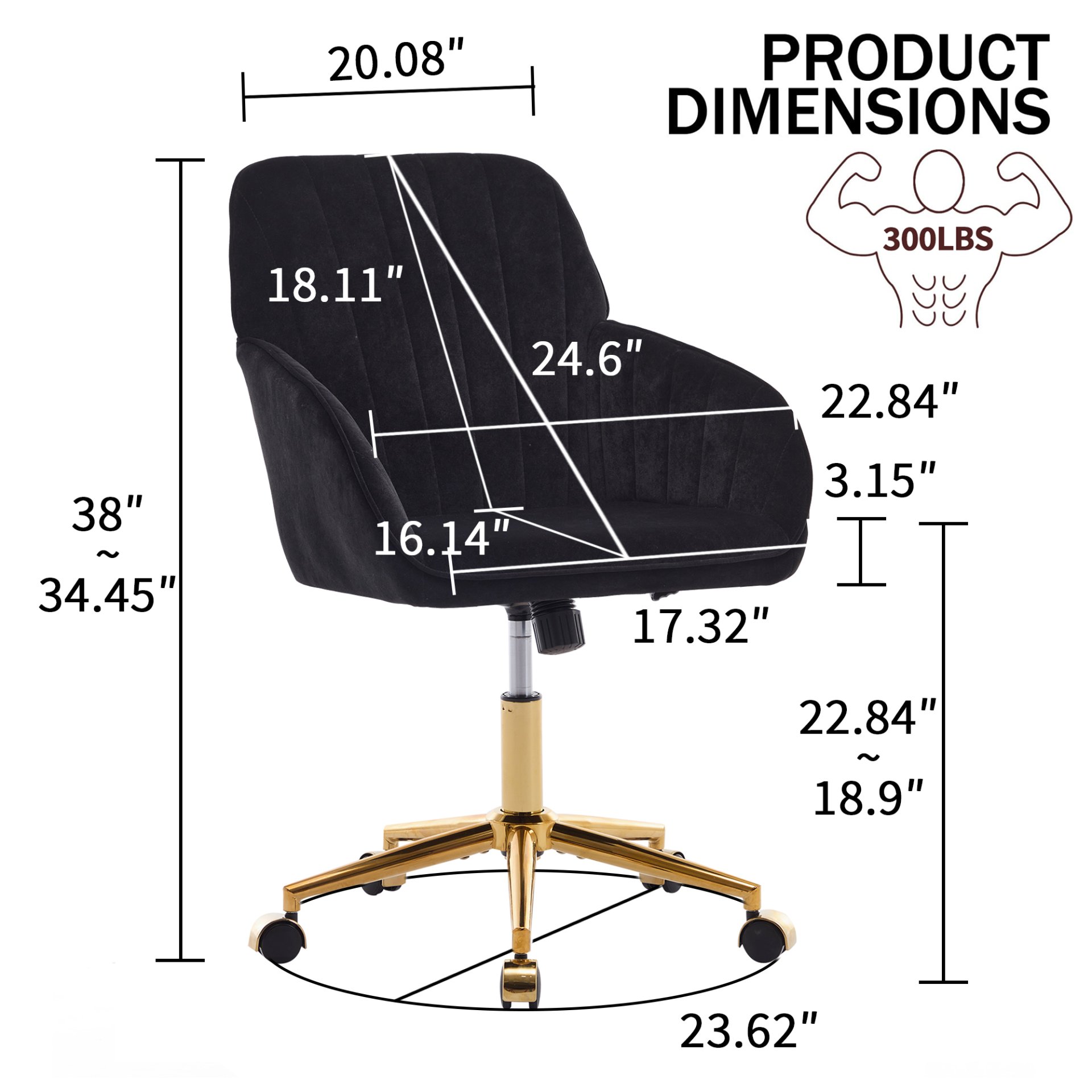 Adjustable Office Chair, Ergonomic Swivel Chair Velvet, Comfortable For Long Sitting - Black - Image 10