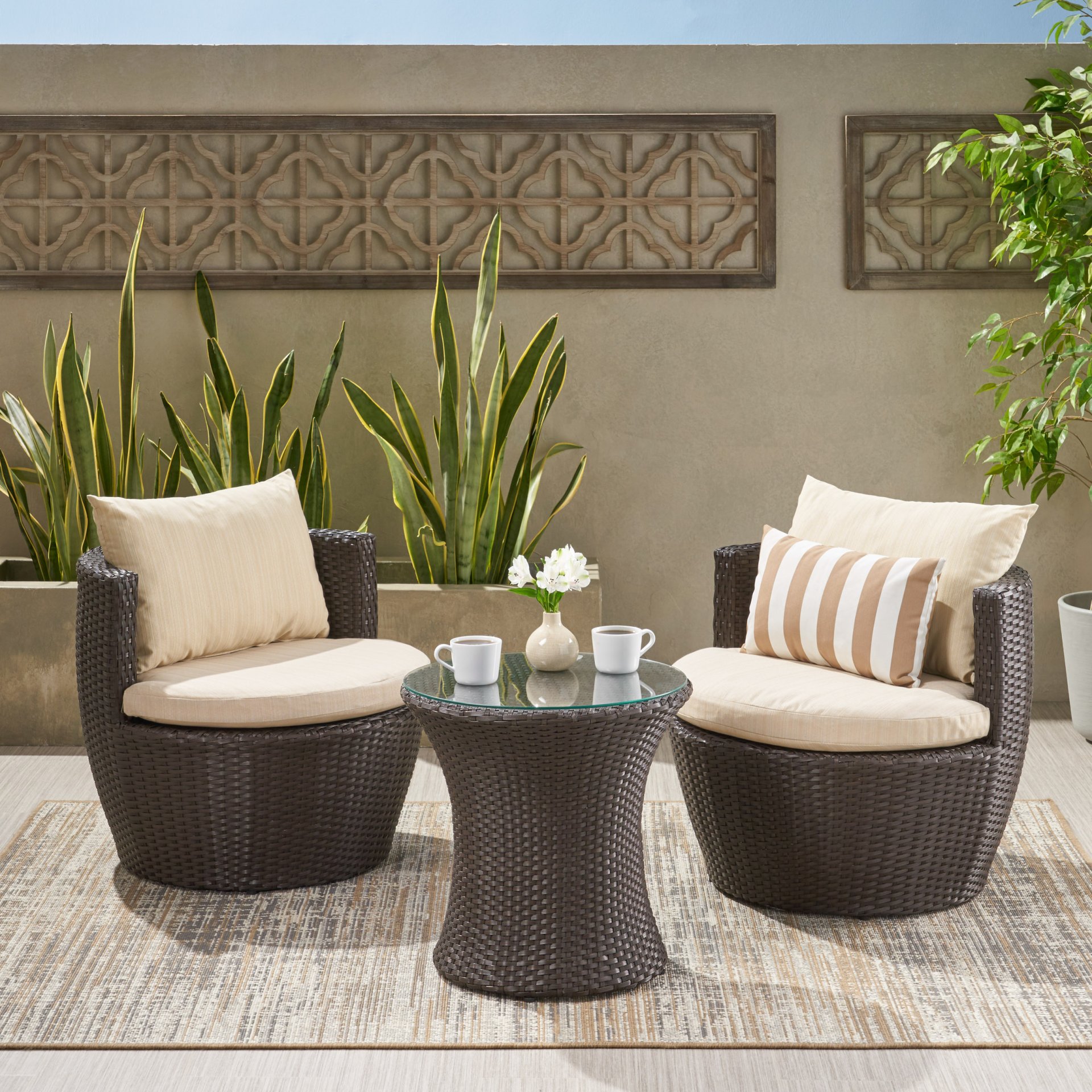 Kono - 3 Pieces Chat Set Outdoor Furniture - Brown / Beige - Image 5