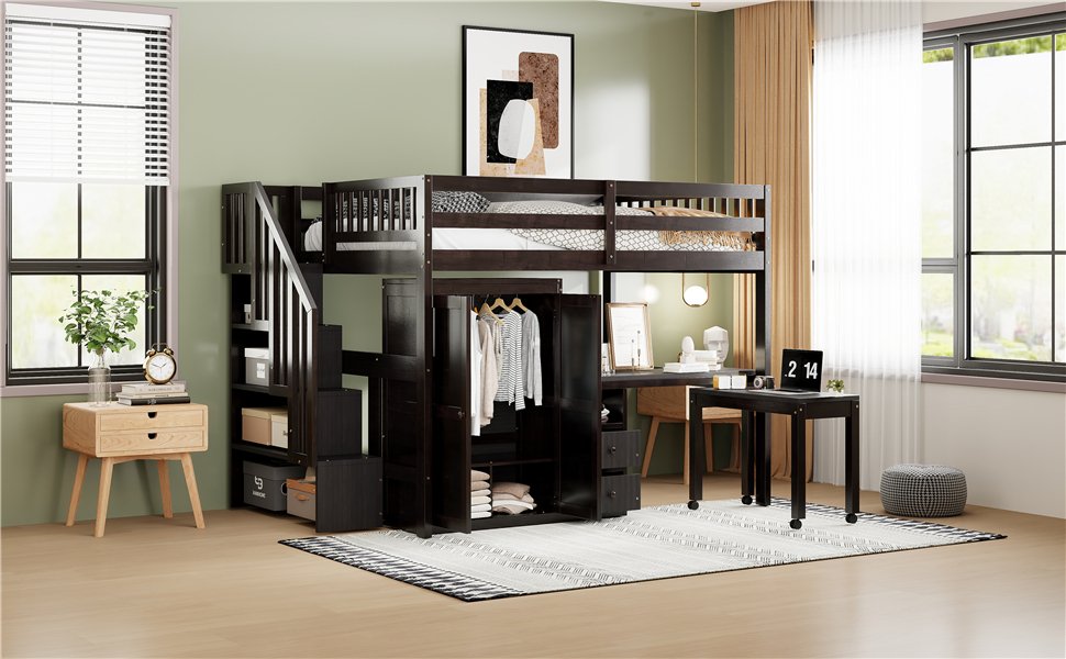 Full Size Loft Bed With Stairs, Bookshelf, Drawers, Desk & Wardrobe, Space Saving Multifunctional Furniture - Espresso - Image 21