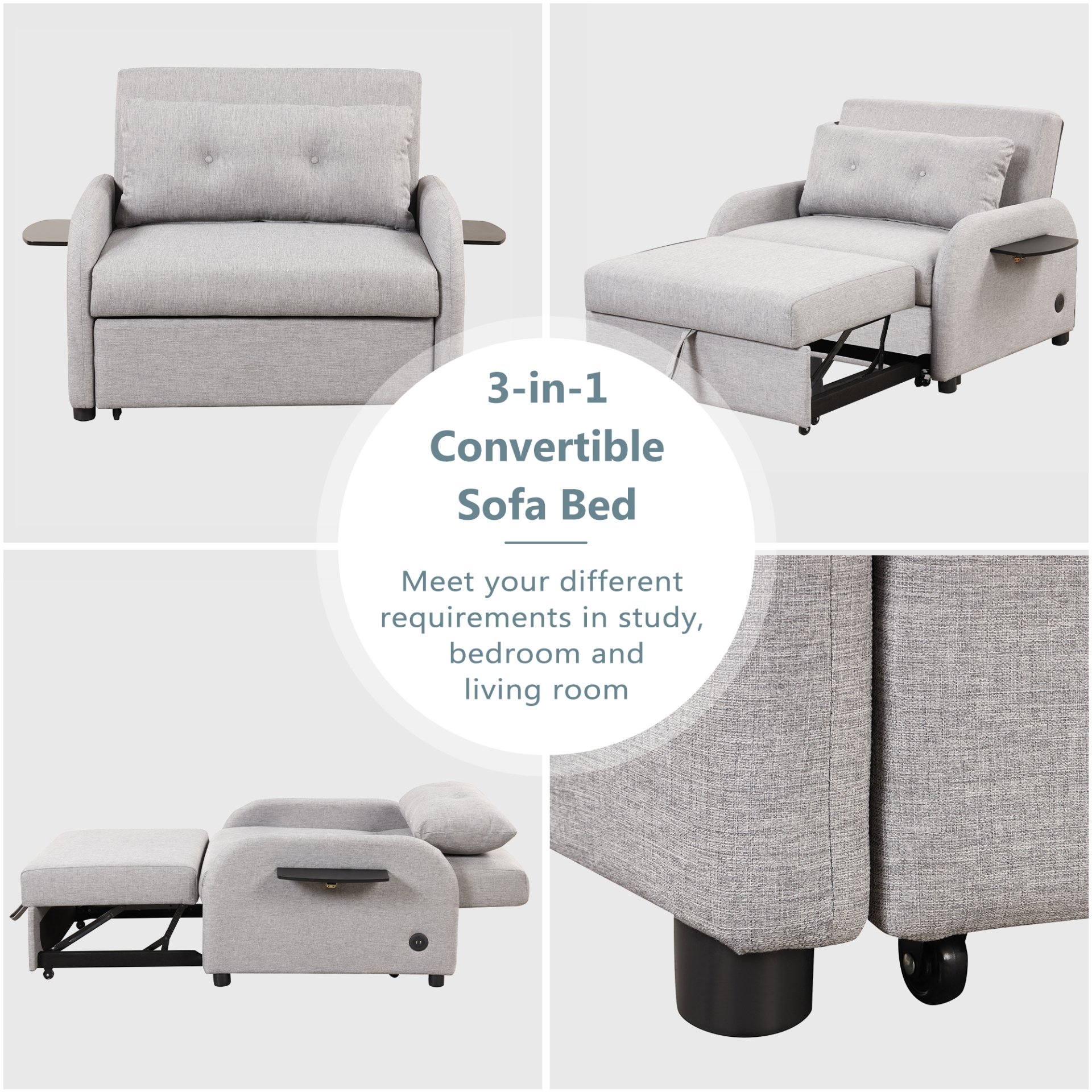 3 In 1 Pull Out Sofa Sleeper With Wing Table And USB Charge - Gray - Image 5