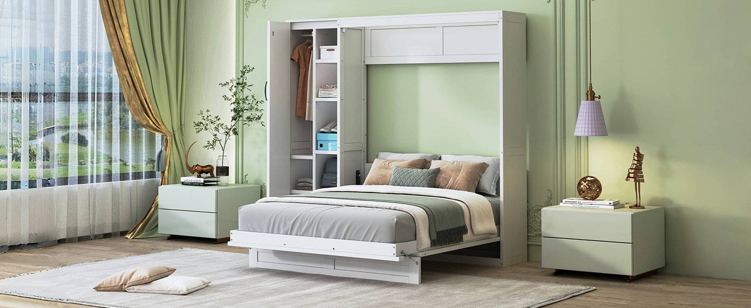 Full Size Murphy Wall Bed With Shelves, Wardrobe And LED Lights - White - Image 25