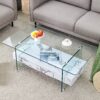 Modern 2 Tier Coffee Table With Clear Tempered Glass And Marble Texture Multifunctional Storage Design - Transparent / White - Image 5