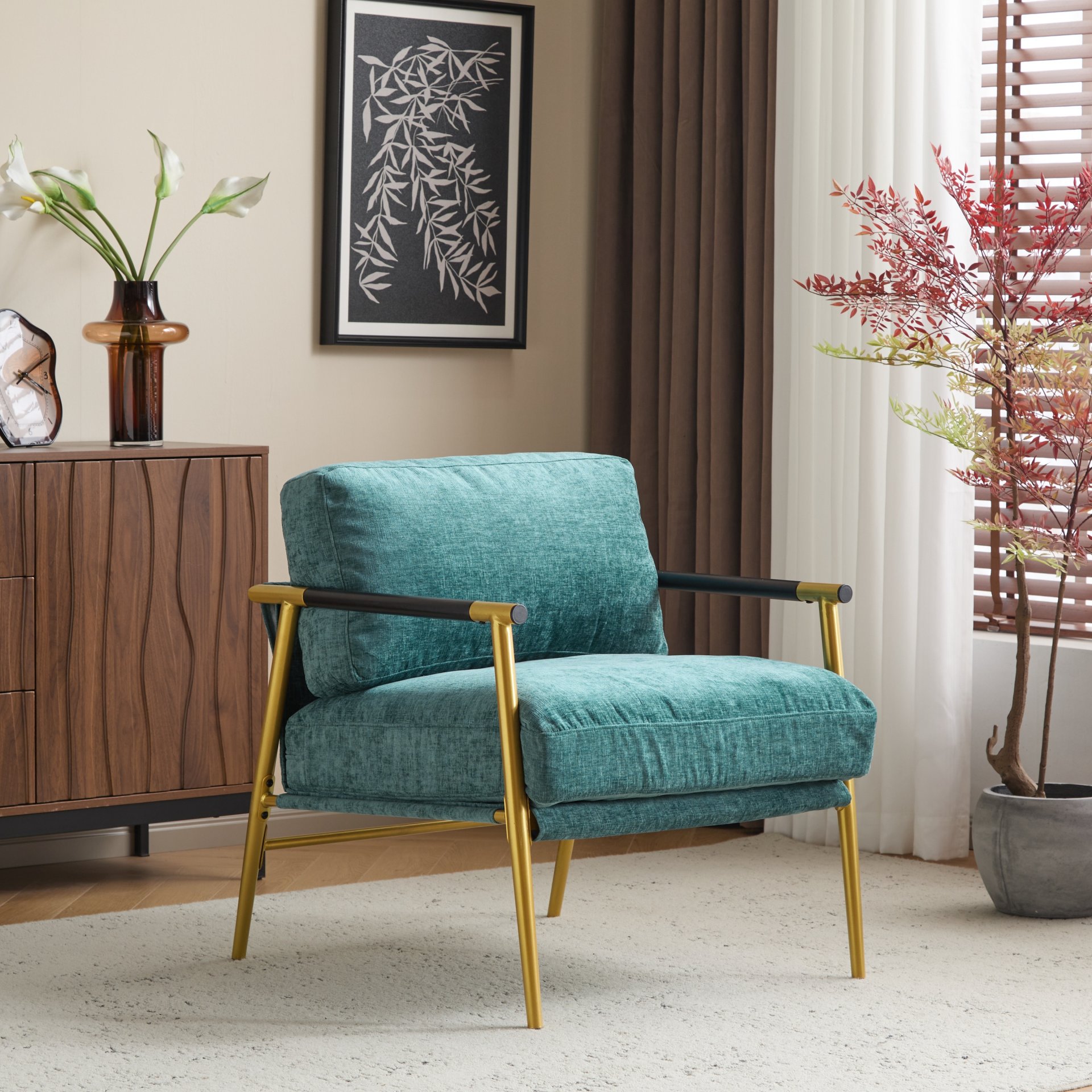 Modern Accent Chair With Plush Cushions, Metal Frame, Wooden Armrests Cozy Seating For Living Room, Bedroom, Office - Gold / Teal Blue - Image 4