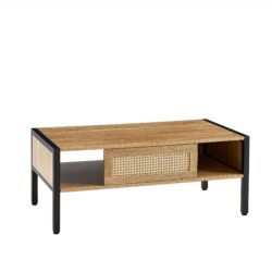 40.16" Rattan Coffee Table, Sliding Door For Storage, Metal Legs, Modern Table For Living Room - Natural