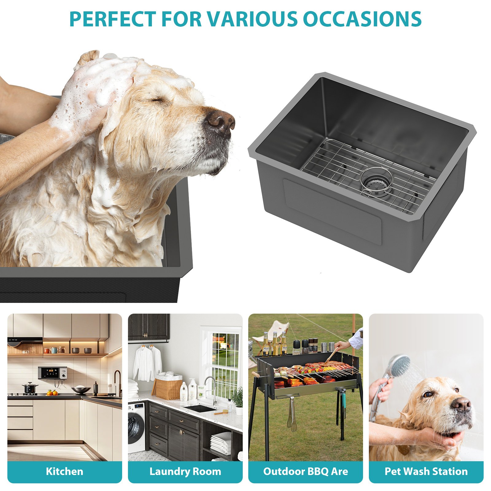 Laundry Sink 24" Undermount Deep Single Bowl 16 Gauge, Utility Sink - Gunmetal Black - Image 10