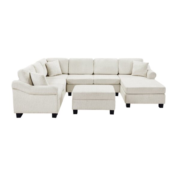 Contemporary U Shaped Sectional Sofa With Movable Storage Ottoman - White