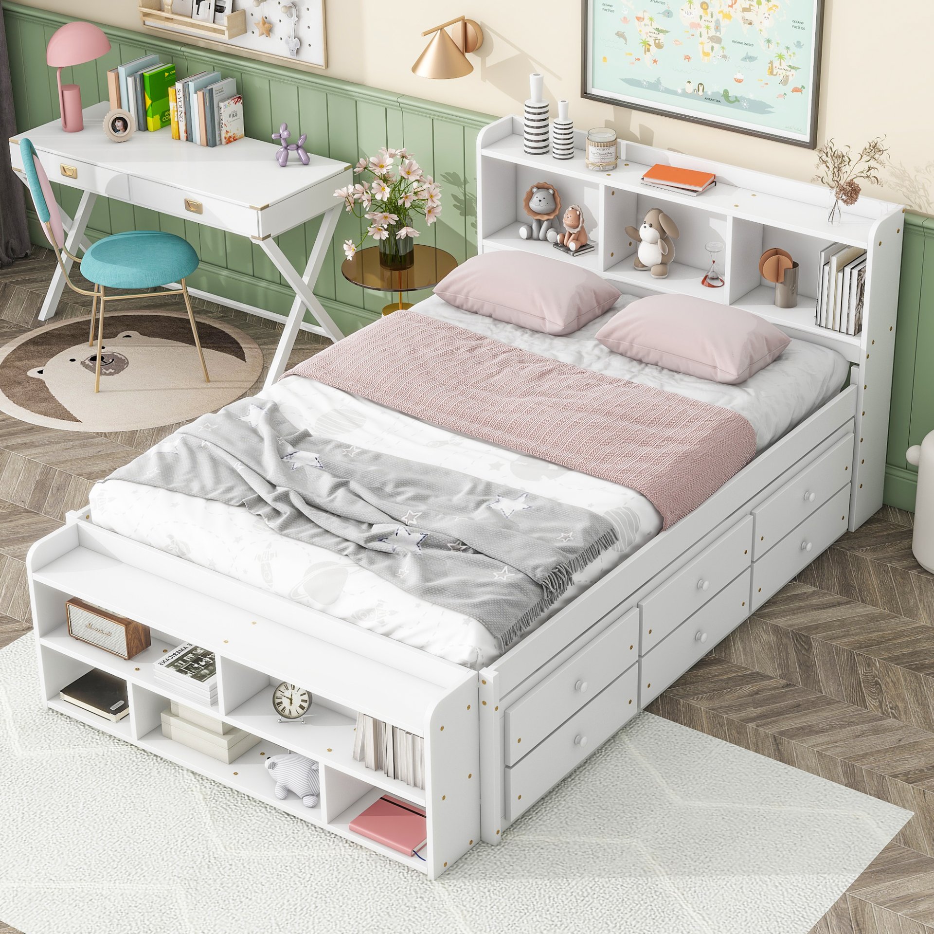 Full Bed With Bookcase Headboard, Under Bed Storage Drawers And Bed End Storage Case - White - Image 3