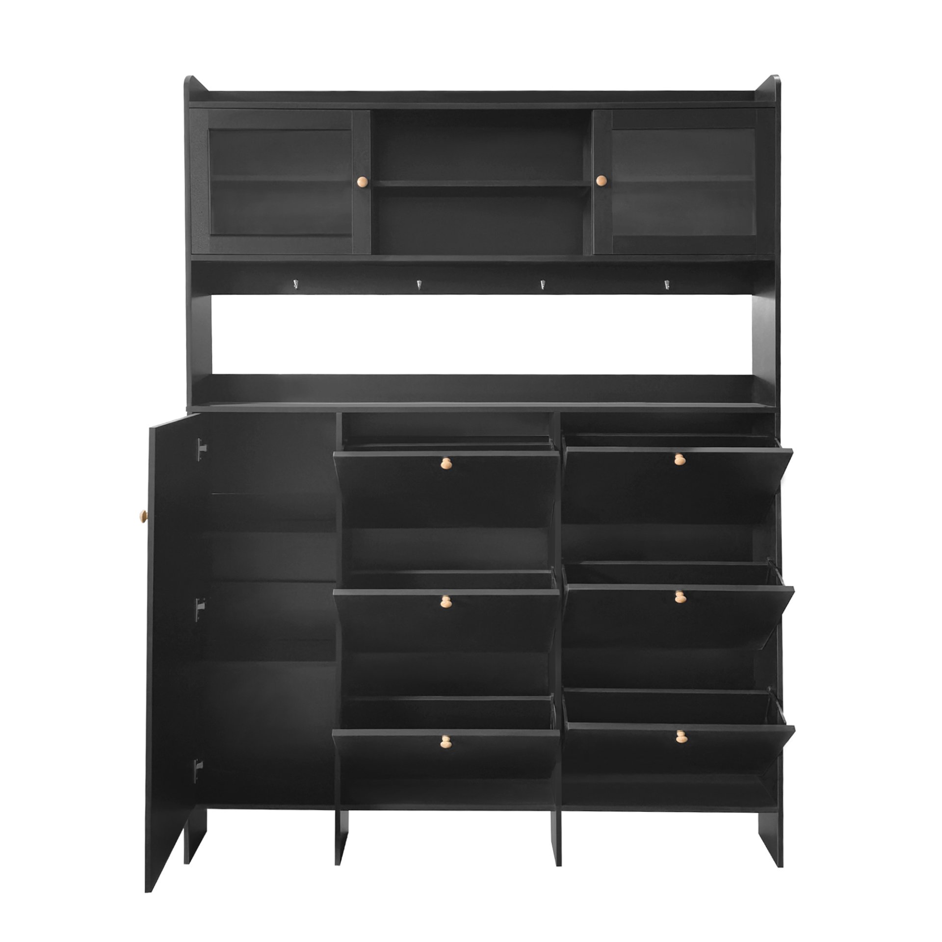 Multifunctional Tipping Bucket Shoe Cabinet With Storage Shelf & 6 Flip Drawers, Large Hall Tree With Tempered Glass Doors, Foyer Cabinet With 4 Hooks For Hallway - Black - Image 11