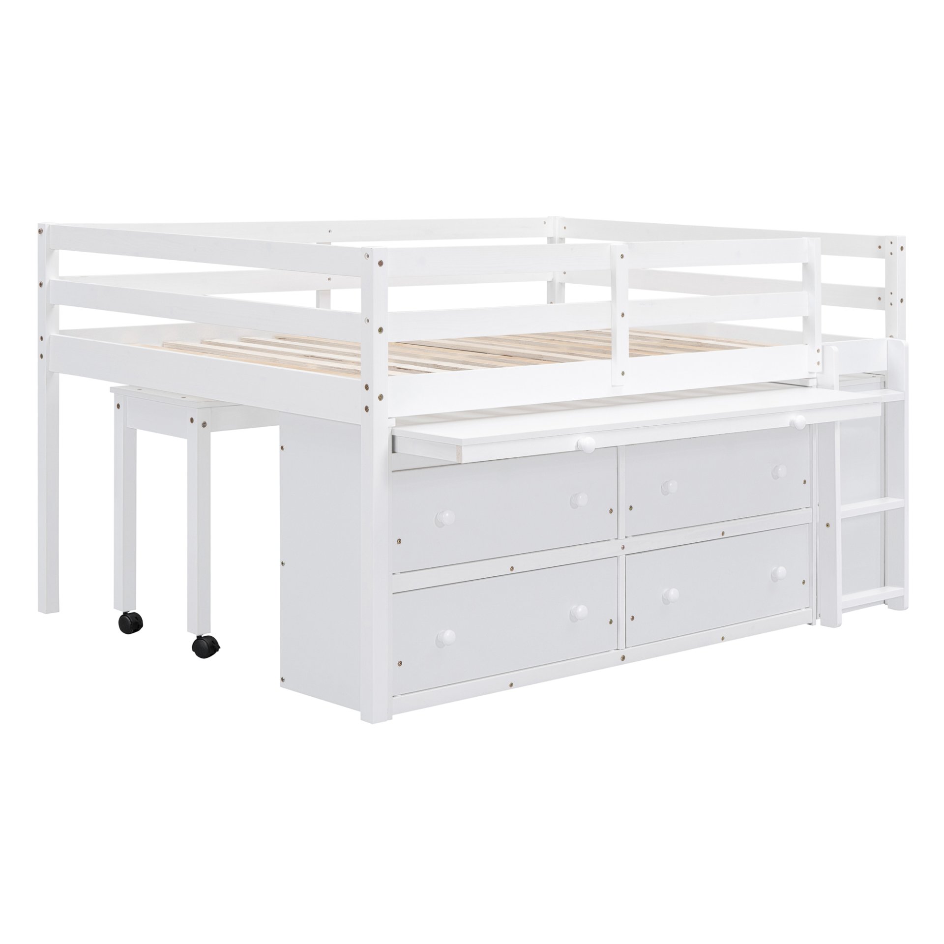 Full Size Loft Bed With Retractable Writing Desk And 4 Drawers, With Lateral Portable Desk And Shelves - White - Image 12