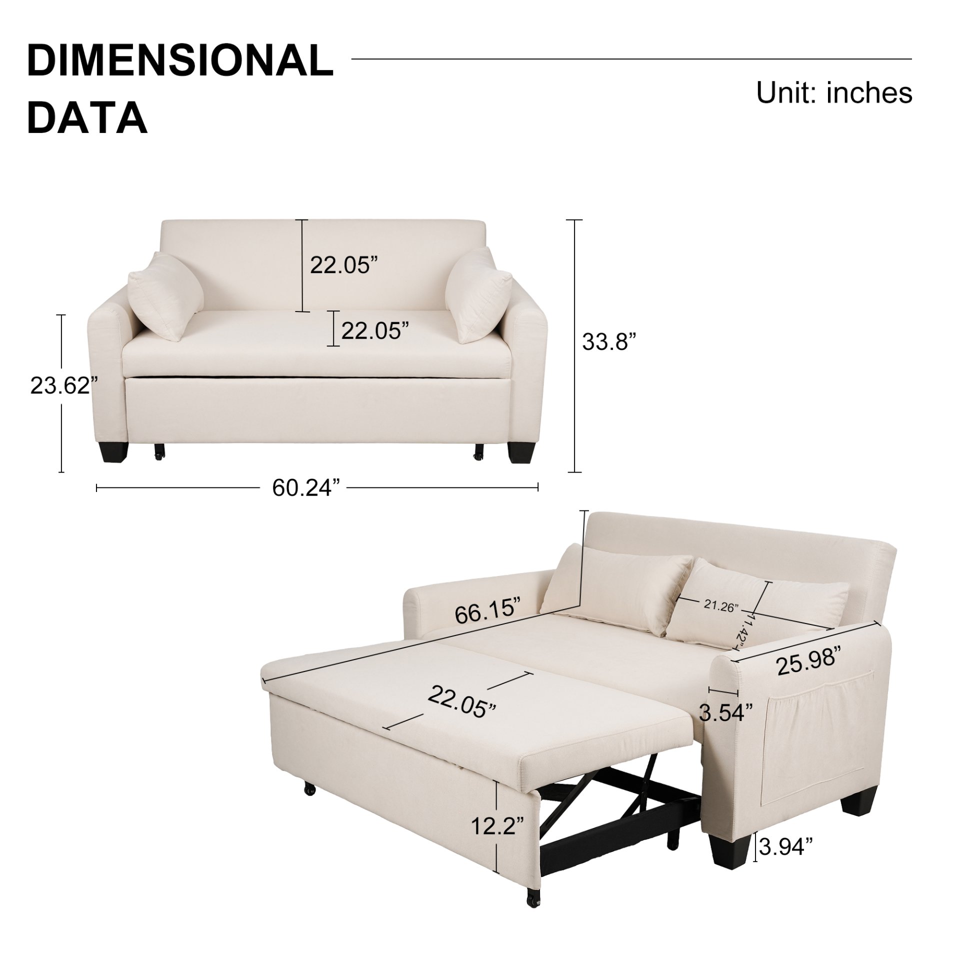 Balus - Extra Large 2 In 1 Sofa Bed With Storage Bag, Adjustable Backrest And Cushions - Beige - Image 3