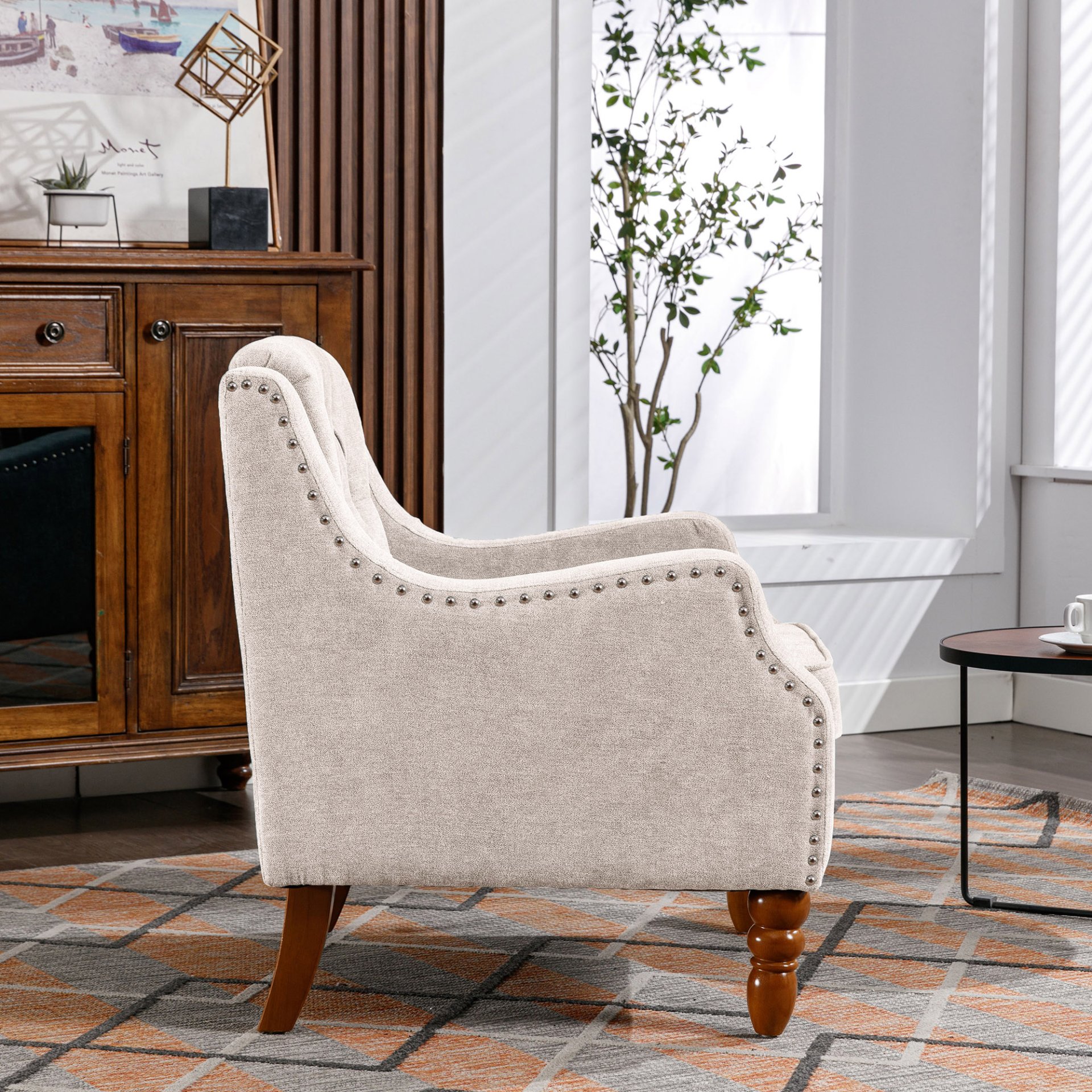 Accent Chair, Living Room Chair, Footrest Chair Set With Vintage Brass Studs, Button Tufted Upholstered Armchair For Living Room, Comfy Reading Chair For Bedroom, Reception Room - Beige - Image 7