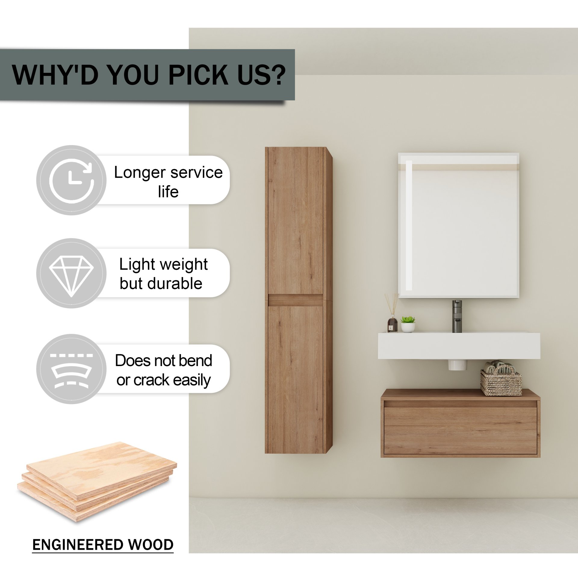 Modern Wall Mounted 30 Inch Bathroom Vanity With Resin Sink And 2 Side Cabinet In Imitative - Imitative Oak - Image 4