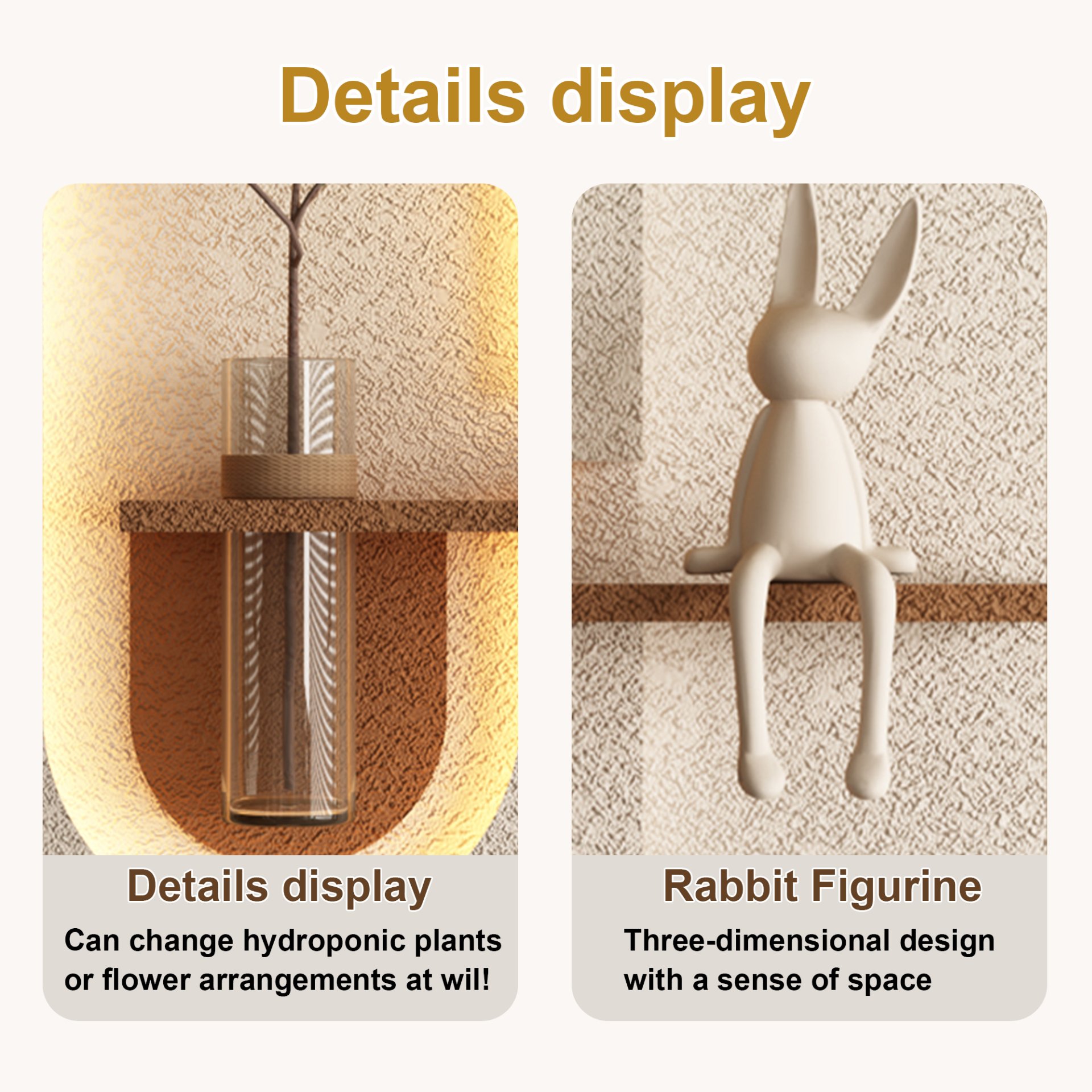 Adjustable 3 Color LED Sandstone Wall Decor With Simulated Plants, Glass Vase & Rabbit Statue - Light Coffee - Image 5