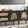 Rattan TV Stand With 3 Cabinets & 2 Drawers, Rattan-Inspired Media Console Table For Tvs Up To 80'', LED Light Entertainment Center, TV Cabinet For Living Room - Black - Image 21