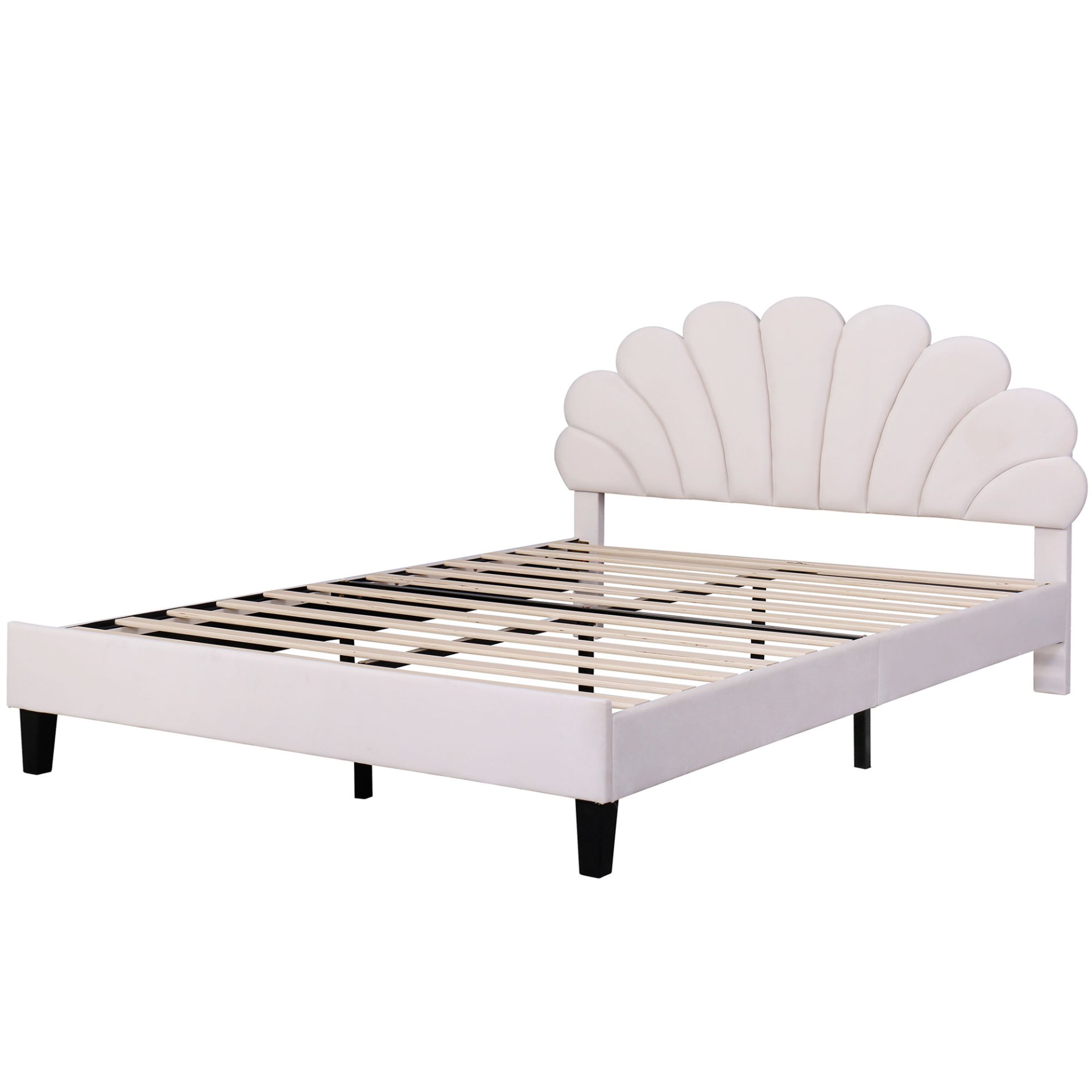 Queen Size Upholstered Platform Bed With Flower Pattern Headboard - Beige - Image 5